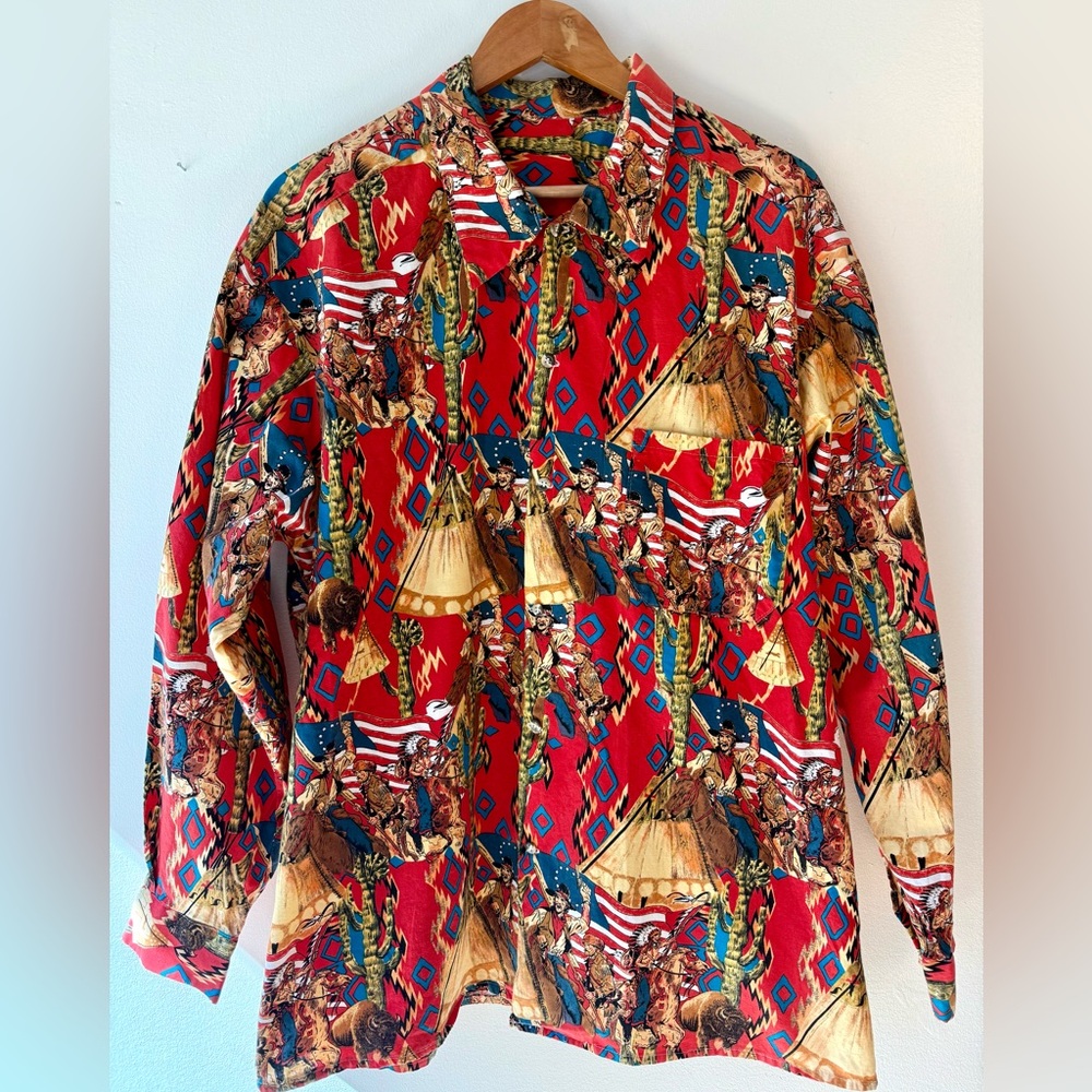 Vintage Handmade Red Multicolor Western Print Button-Up Shirt